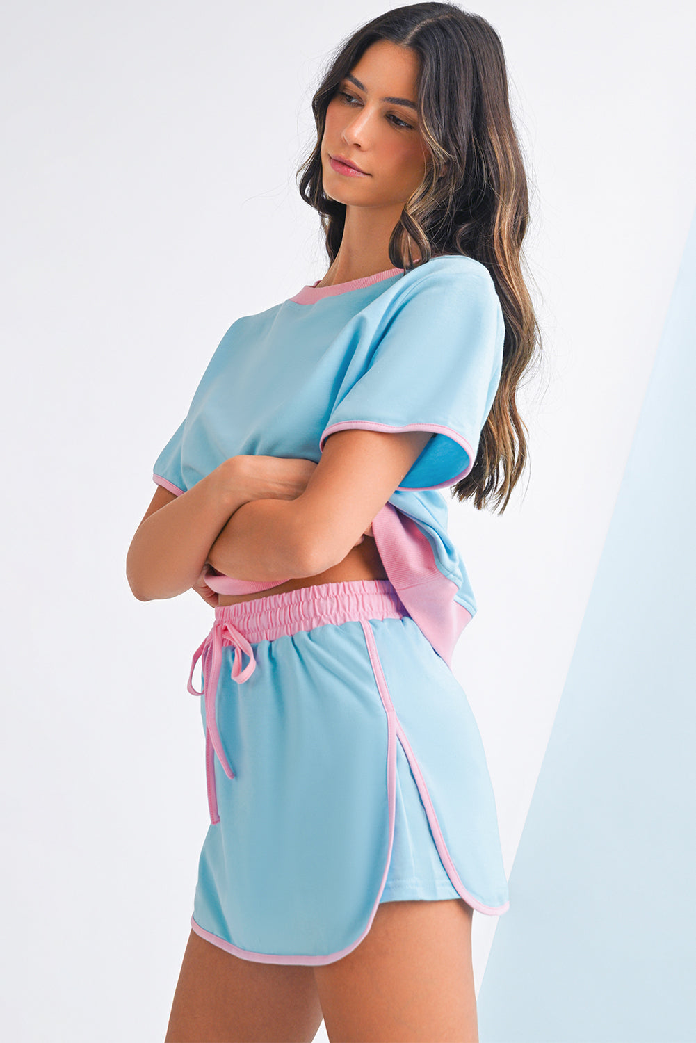 Apricot Colorblock Edge Drop Shoulder T Shirt and Skort 2Pcs Set