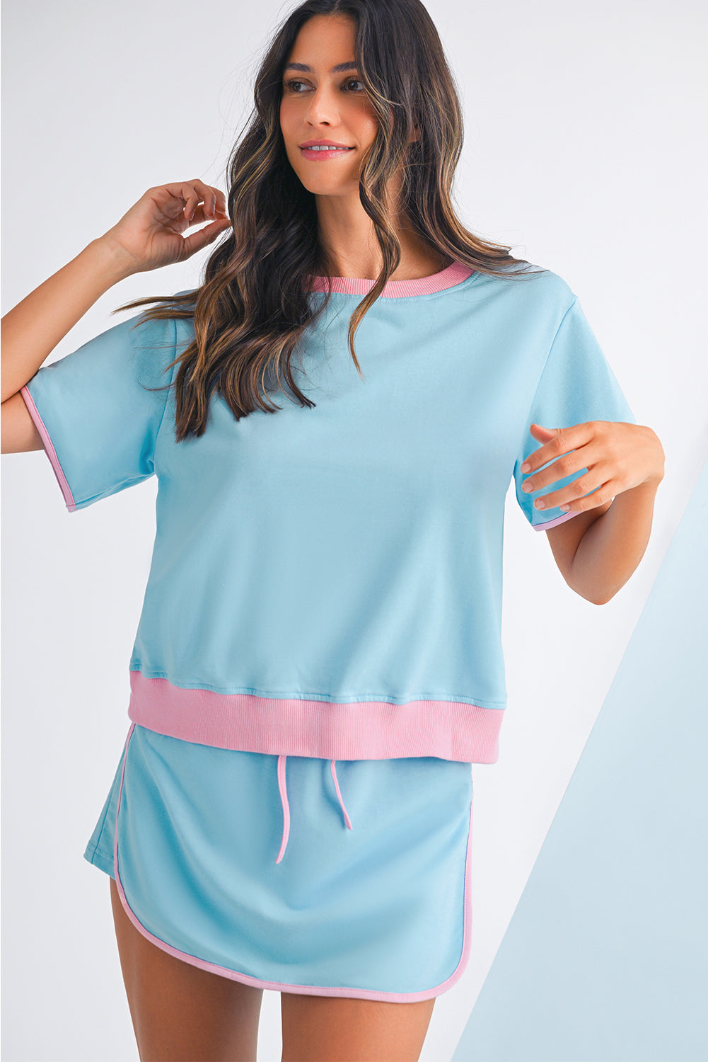 Apricot Colorblock Edge Drop Shoulder T Shirt and Skort 2Pcs Set