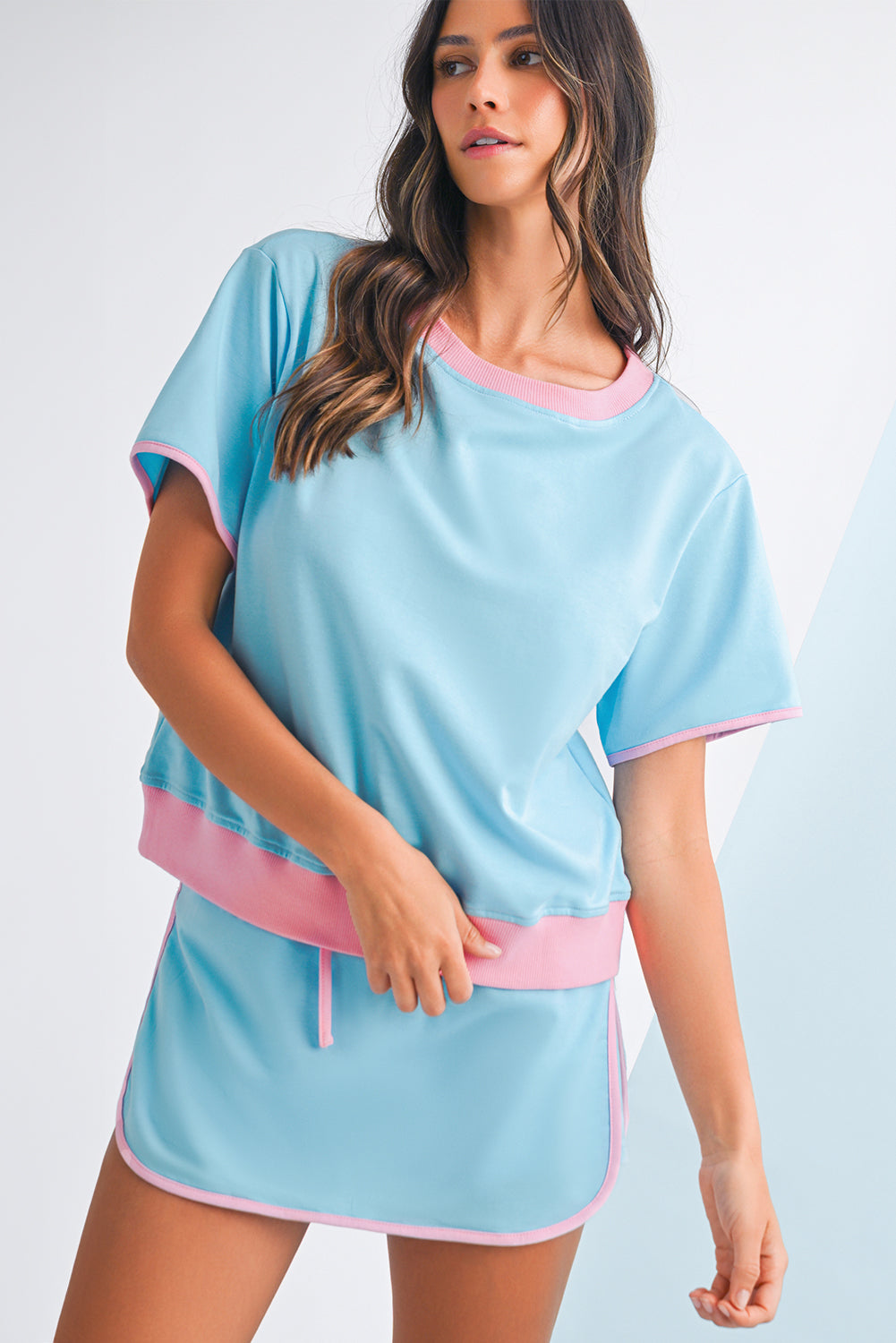 Apricot Colorblock Edge Drop Shoulder T Shirt and Skort 2Pcs Set