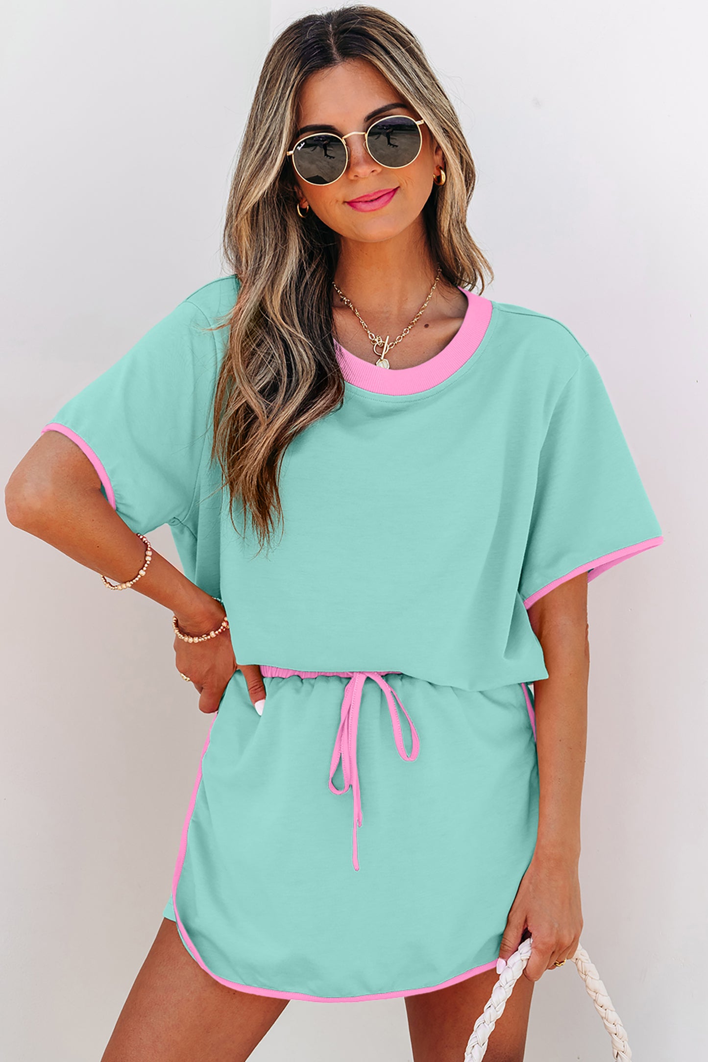 Apricot Colorblock Edge Drop Shoulder T Shirt and Skort 2Pcs Set