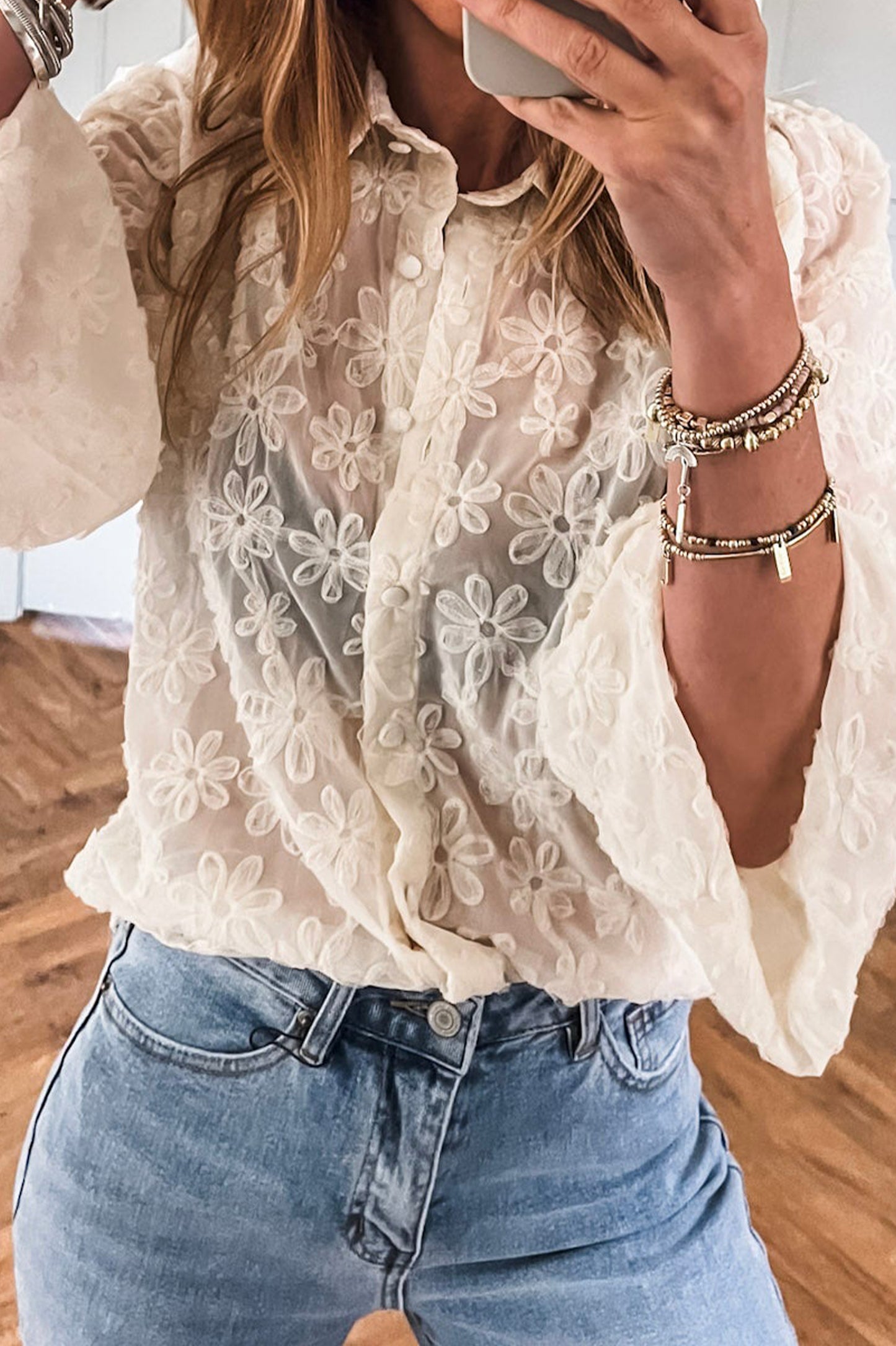 Beige Sheer Jacquard Floral Button-Down Long Sleeve Shirt