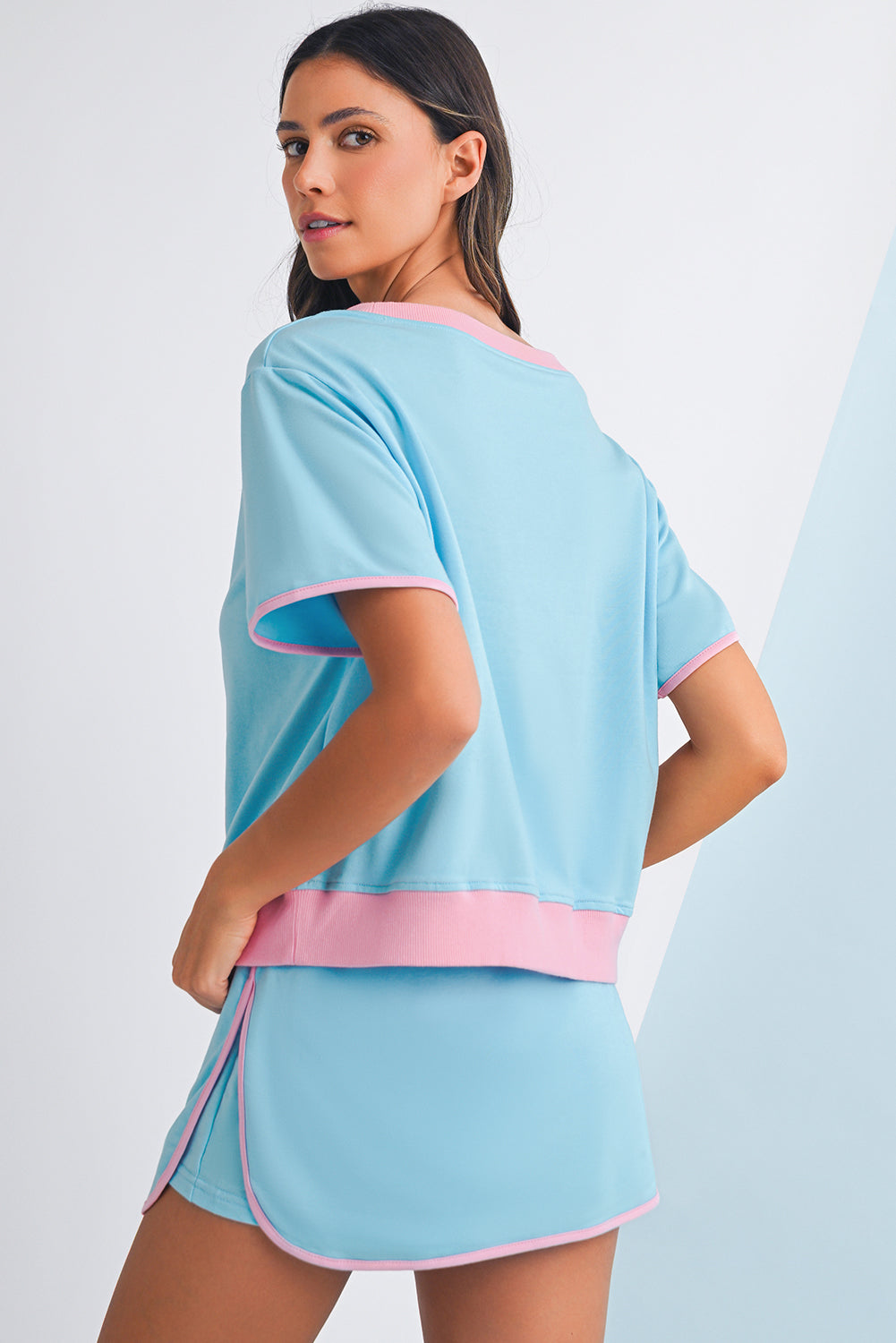 Apricot Colorblock Edge Drop Shoulder T Shirt and Skort 2Pcs Set