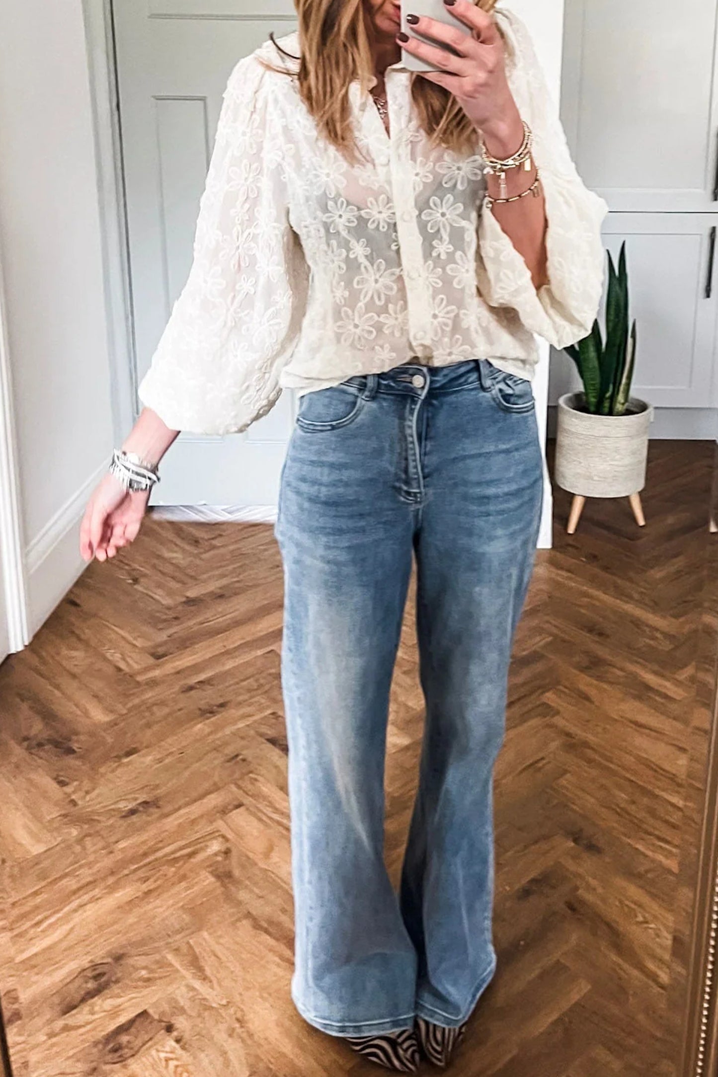 Beige Sheer Jacquard Floral Button-Down Long Sleeve Shirt